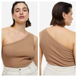 One-Shoulder Tan Ribbed Bodysuit w/Snap closure